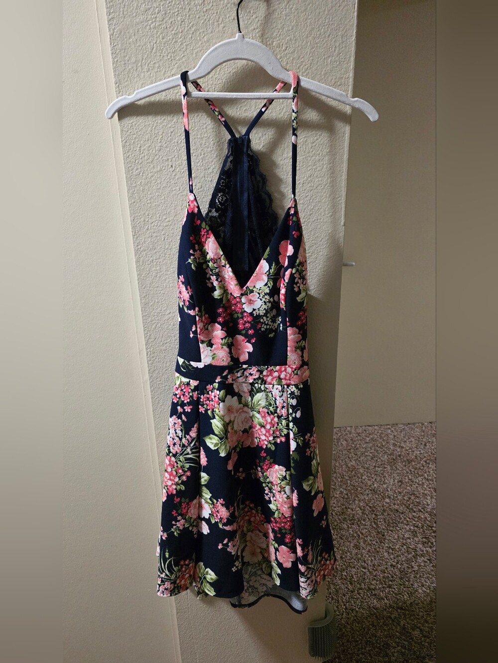 B. Smart Navy V-neck Dress with Pink & White Floral Print
